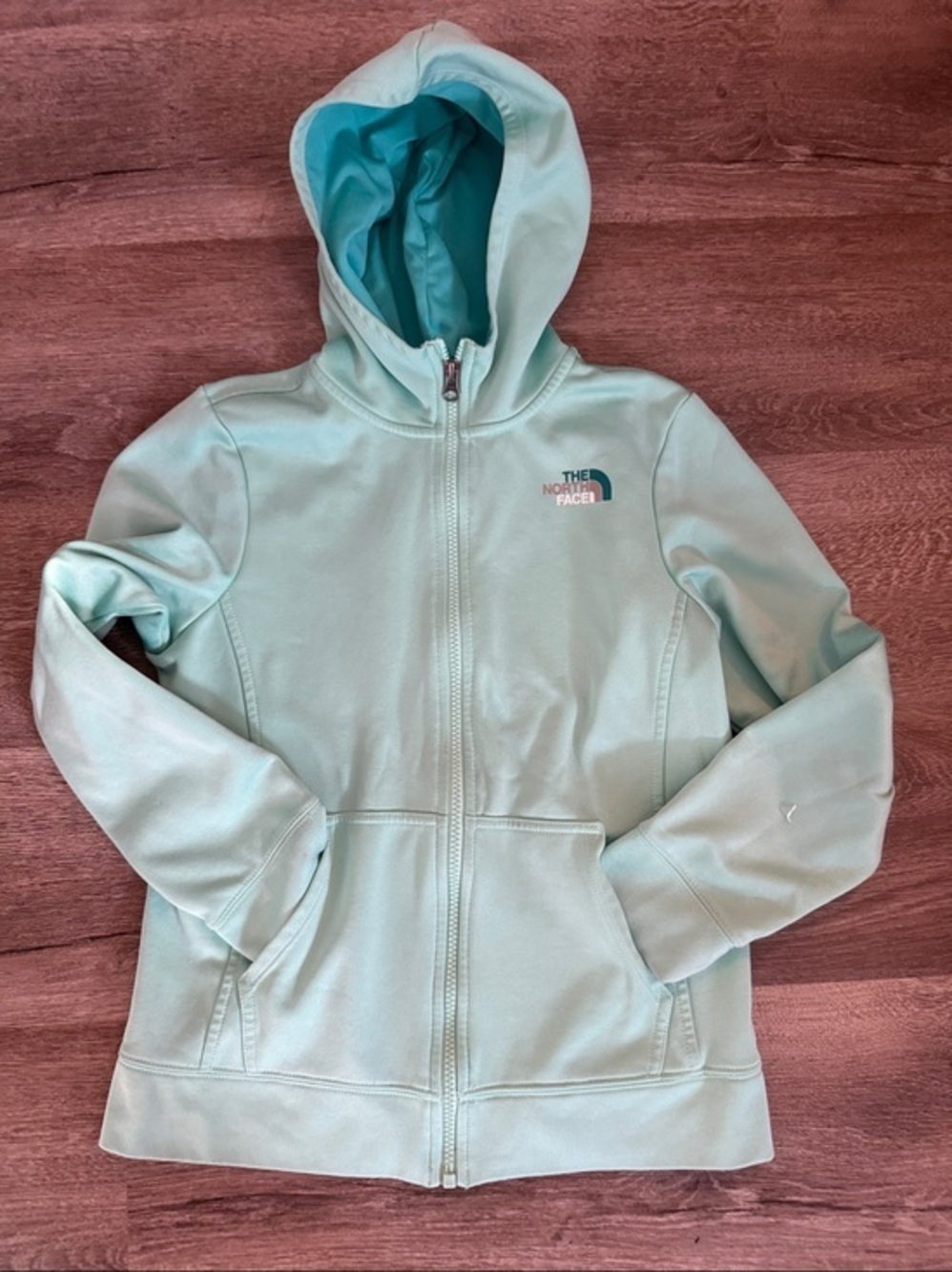 The North Face girls L14/16 Mint Green Full-Zip Hooded Sweatshirt. Great cond